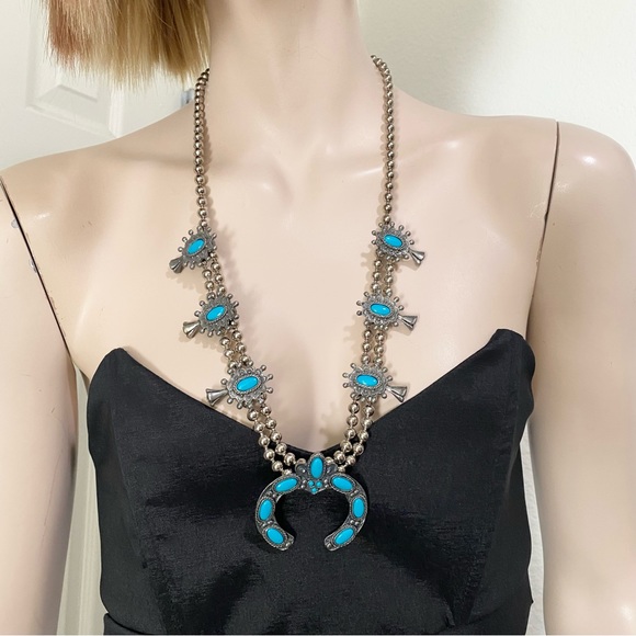 Vintage Faux Turquoise Silver-tone Ball Chain Squash Blossom Necklace 147.7g - Picture 4 of 14